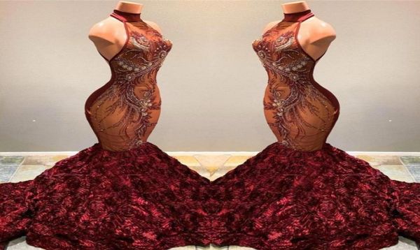 

2020 stunning african mermaid prom dresses burgundy long high neck beading crystal ruffles flowers women pageant party gowns 7902268, Black