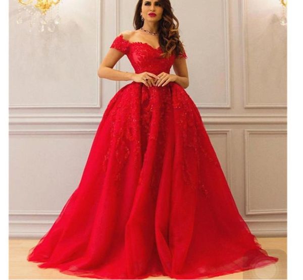 

red arabic lace formal dresses evening wear off the shoulder sequined evening gowns dubai a line tulle appliques prom dress3736085, Black;red