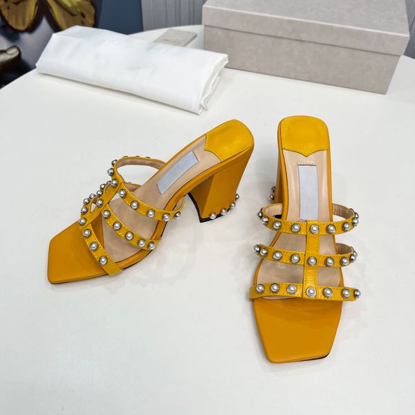 

new high-heeled sandals, upper pearl slippers, stylish and elegant multi-colored pearl slippers heels, designer factory shoebox, Black