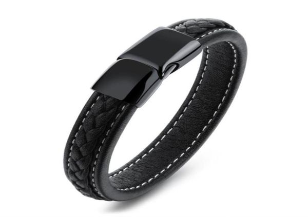 

vintage black genuine leather wrist bracelet magnetic stainless steel clasp bracelet for men punk rock surfer mens friendship jewe6187197, Golden;silver