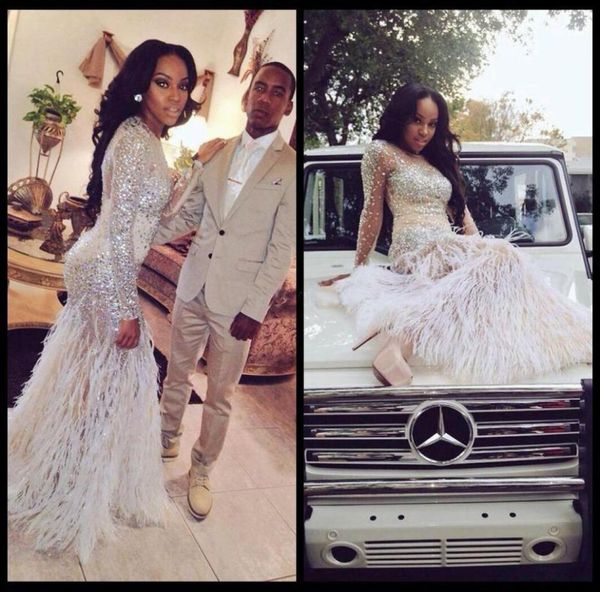 

couples fashion prom dress 2016 black girl vestidos de fiesta mermaid ostrich feathers blingbling rhinestones beaded illusion page4308935