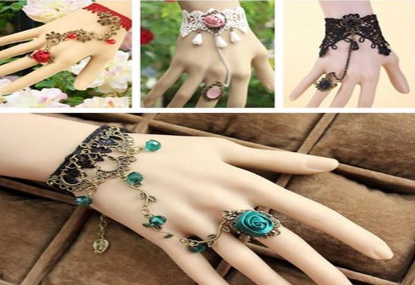 

elegant lace lady bridal accessories wedding party gothic ring bracelet cuffs bangle bridal jewelry christmas gift1631384, White