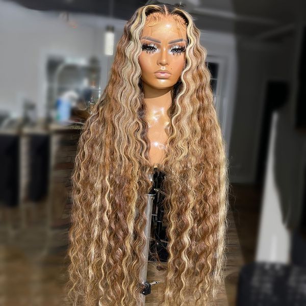 

40 Inch Peruvian Hair Highlight Ombre Lace Front Wigs Honey Blonde Colored Deep Wave Frontal Wigs for Women Glueless Synthetic Wig, Black
