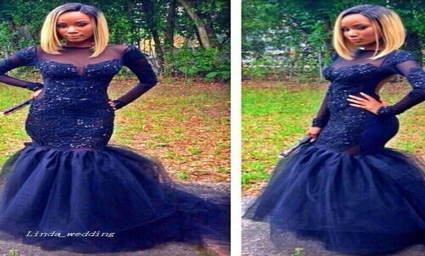 

2019 navy blue mermaid prom dress stylish long sleeves applique special occasion dress evening party gown plus size vestidos de fe3106131, Black