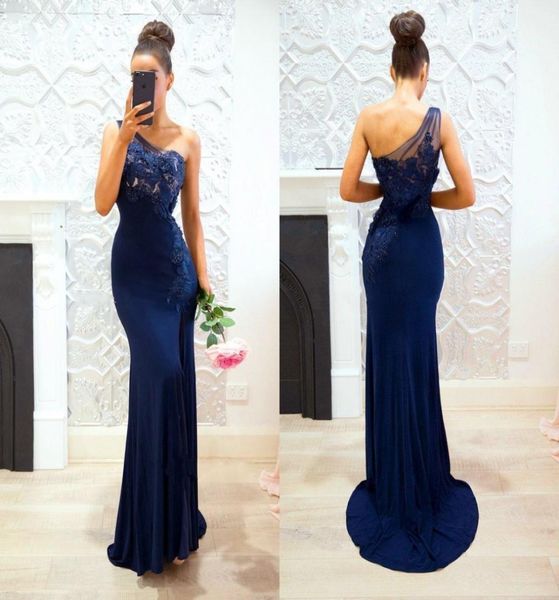 

navy blue mermaid bridesmaid dresses 2021 one shoulder appliques beads garden country wedding guest party gowns maid of honor dres3291857, White;pink