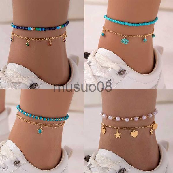

anklets tocona bohemian colorful beaded gravel double layer feet chain men and women geometric alloy dropped oil anklet summer jewelry j2308, Red;blue