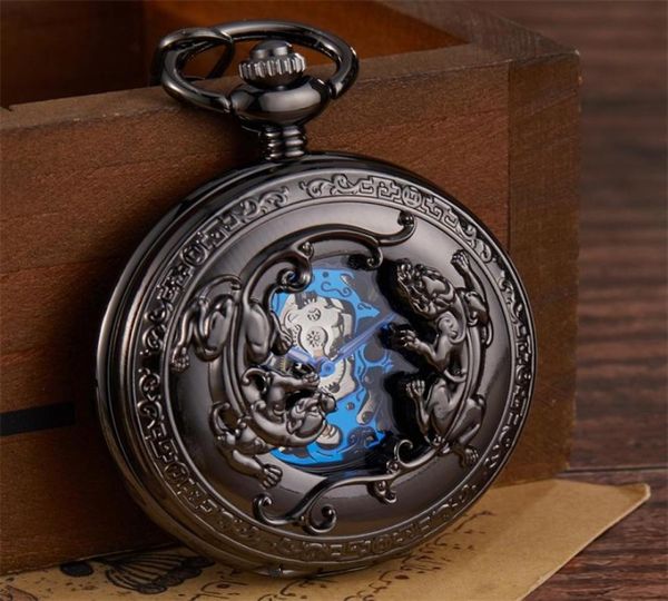 

retro bronze mechanical pocket watch hand winding carved double brave troops lucky engraved pocket watches fob chain flip clock t22514235, Slivery;golden