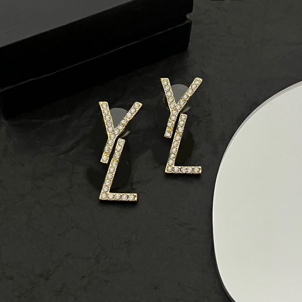 

luxury designers letter stud 18k gold plated 925 silver geometric crystal rhinestone earrings wedding party jewelry, Golden;silver