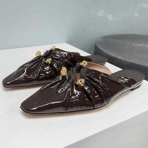 

slippers metal decor brand woman pointed toe patent leather mules summer shoes women runway for, Black