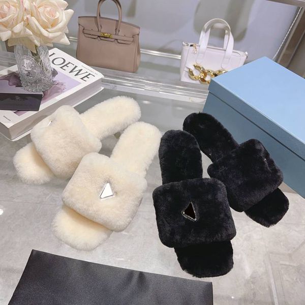 

famous designer women's classic plush fluff slippers autumn and winter must-have fur integrated genuine leather sole original set last, Black