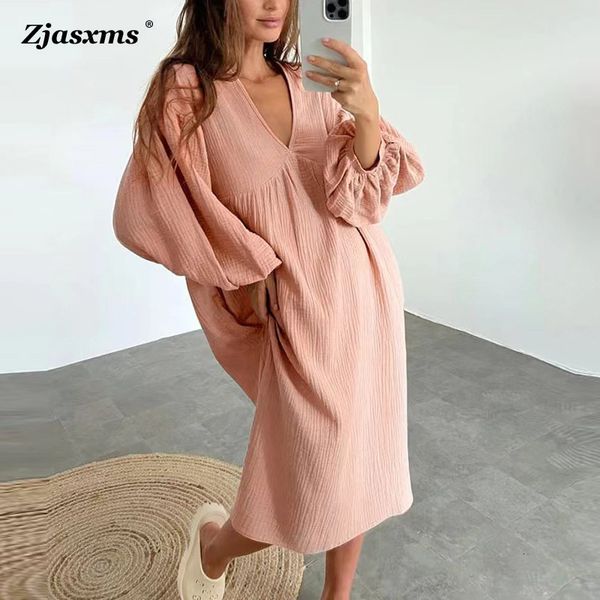 

basic casual dresses women vneck solid color pure cotton hemp loose home sleeping skirt summer long sleeve high waist dress lady beach 23081, Black;gray