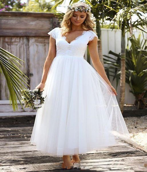 

vintage lace short wedding dresses tulle modest cap sleeve v neck bohemian beach garden bridal gowns 2019 anke length vestido de n7254524, White