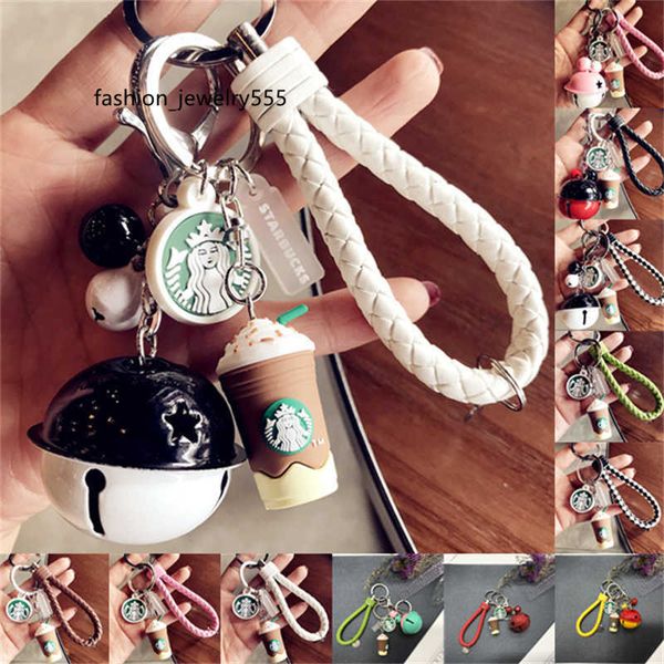 

keychains lanyards resin keychain cute cartoon couple simulated coffee cup woven rope bell car key chain, Silver