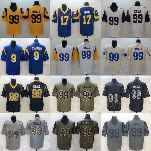 

men football jersey 99 aaron donald 9 matthew stafford uniform purple white beige navy blue grey army green black salute to service turn bac, Black;red