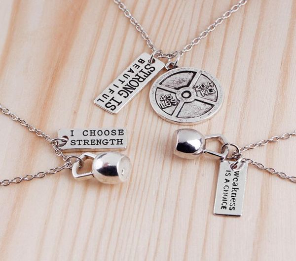 

inspirational strong discipline me dumbbell necklace pendants women mens necklaces fitness sport jewelry will and sandy fashion6160951, Silver