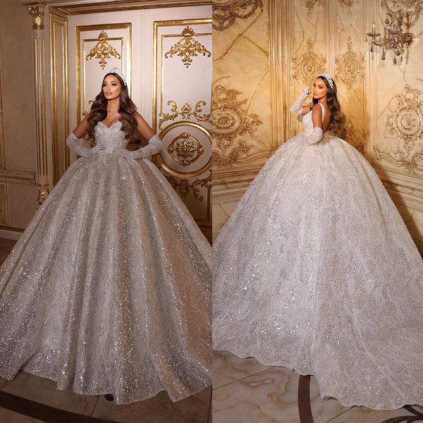 

luxurious ball gown wedding dresses sweetheart sequins appliques lace robe de mariee custom made button back sweep train bride, White