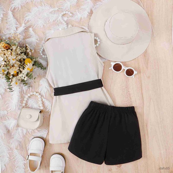 

clothing sets kid baby girl 4pcs outfit solid color camisole and elastic shorts belted vest coat sun hat summer clothing set 4-7t r230815, White