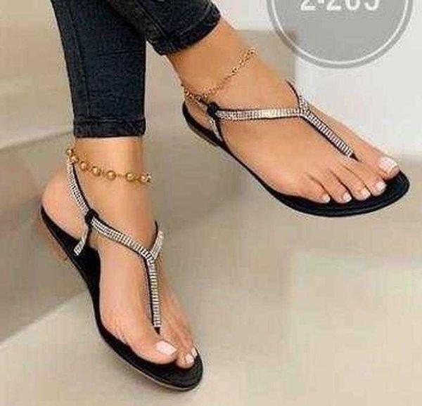 

sandals women summer shoes fashion rhinestone one word plus size flat beach zapatillas muje 230417, Black