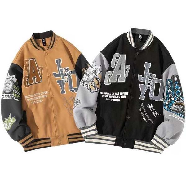 

men woman couple patch design varsity jackets american vintage print bomber baseball uniform fall hip hop loose thin streetwear 220805, Black;brown