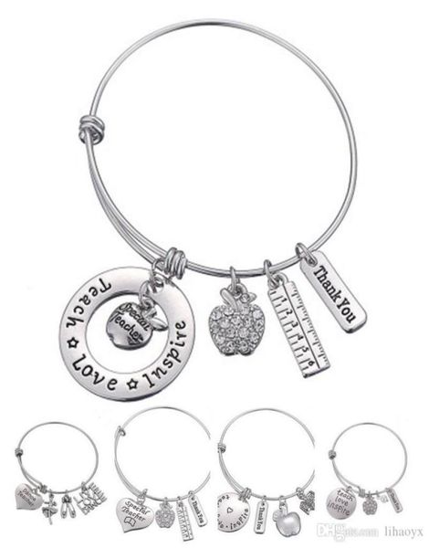 

love inspire teach white crystal apple ruler bracelet stainless steel pendant bangle jewelry gift teacher friend dlh2047686636, Golden;silver