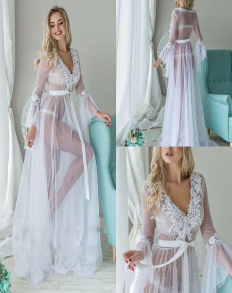

bathrobe sleepwear woman illusion tulle jumpsuits robe long party wedding dresses plus size custom made bride gowns8136806, White
