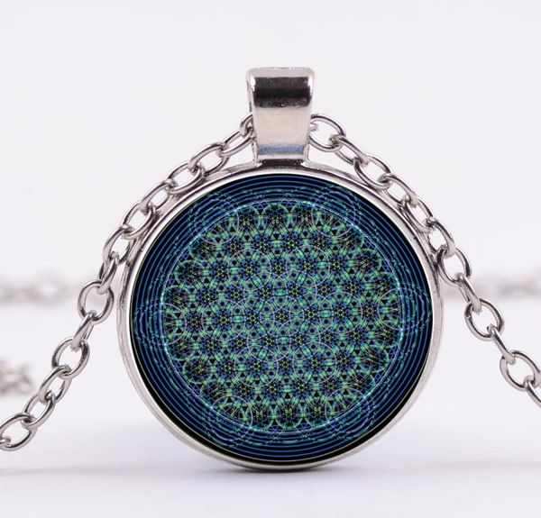 

new flower of life necklace om yoga chakra mandala sacred geometry pendants glass cabochon chain necklaces women jewelry2597947, Silver