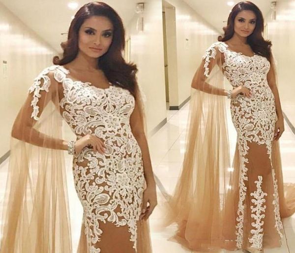 

graceful arabic dubai champagne mermaid dresses evening wear with ivory lace applqiue 2021 long cape sleeves split formal prom par6299997, Black;red