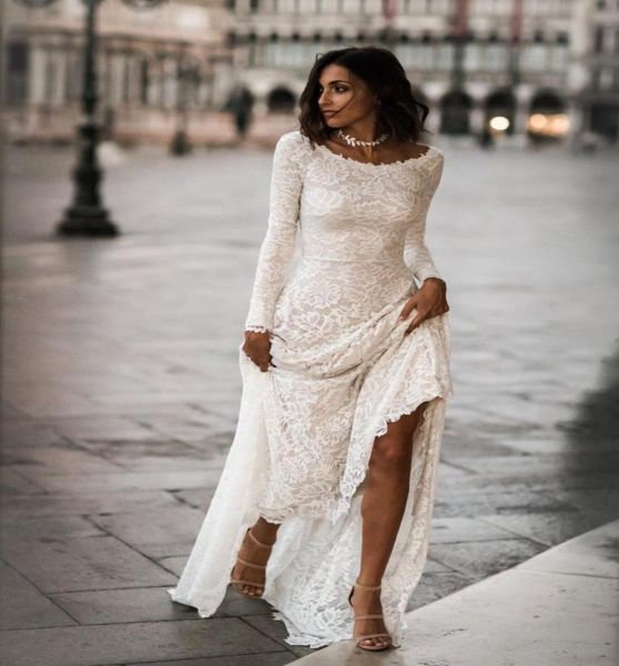 

vintage aline lace modest wedding dress with long sleeves simple boho wedding dress with full sleeves low back bohemian beach wed3645383, White