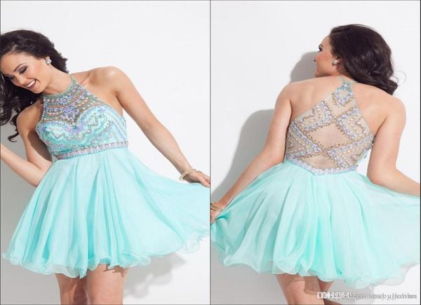

mint green halter rhinestone homecoming dresses 2016 illusion short mini party gowns prom dresses cocktail dress 8th grade graduat2015760, Blue;pink