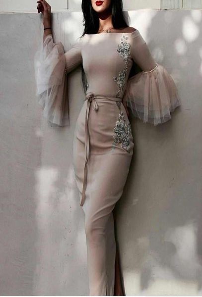 

2020 new elegant long sleeves sheath evening dresses appliques embroidery off shoulder formal evening gowns back split prom dress 1752272, Black;red