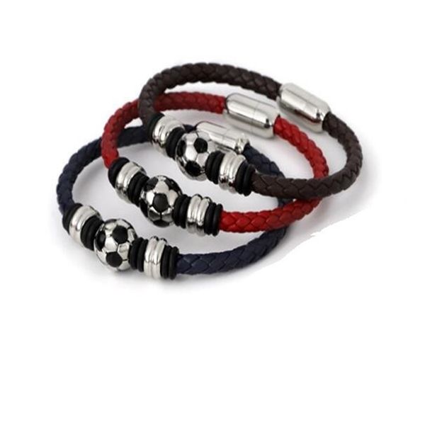 

european and american fashion men's leather bracelets stainless steel buttons football accessories hand woven men's charm jewelry, Golden;silver