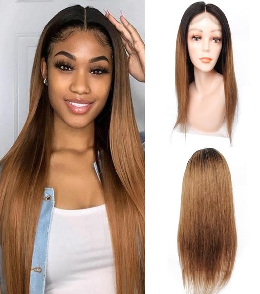 

100 human hair 44 lace frontal wig 180 density honey blond with dark roots color wig3082905, Black;brown