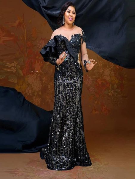 

2022 black african plus size prom dresses illusion long sleeves sequins lace appliques rufflesaso ebi evening party gowns9905547