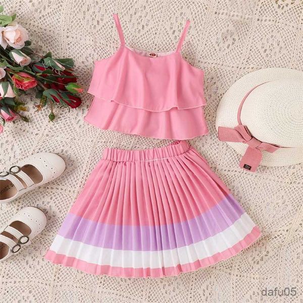 

clothing sets 3-7y kids girls summer clothes set baby spaghetti strap colorful pleated skirts children fashion outfits 2023 r230815, White