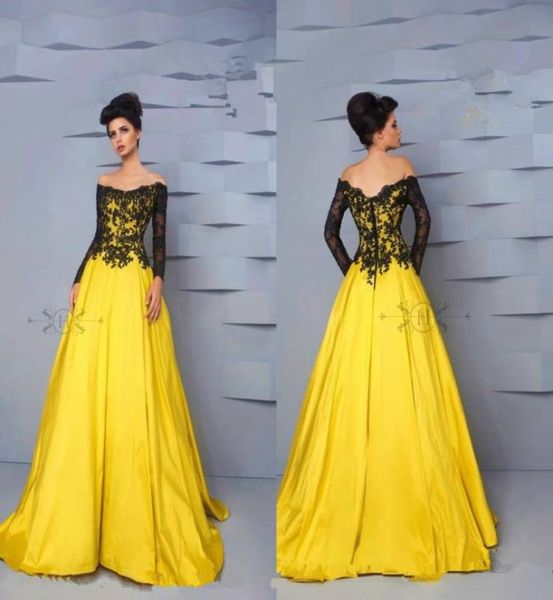 

dresses evening wear off shoulder long sleeves black lace over yellow lining formal celebrities prom cocktail party dress5728232, Black;red