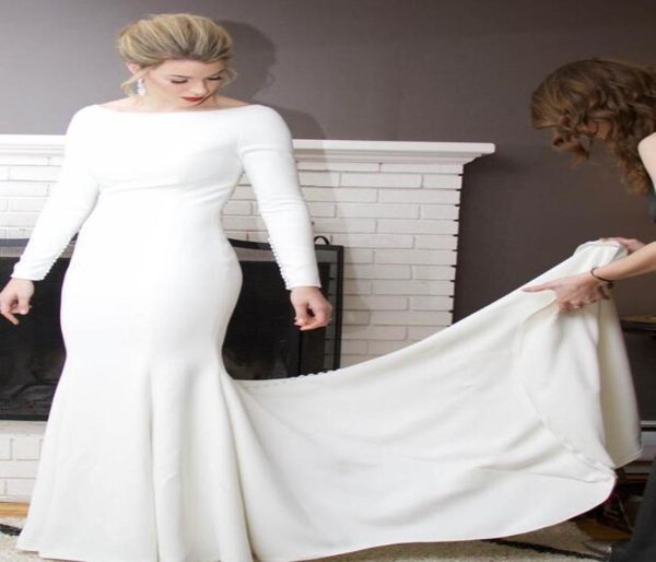 

2020 new crepe mermaid modest wedding dress with long sleeves boat neckline simple elegant boho lds bridal gowns buttons back cust5805058, White