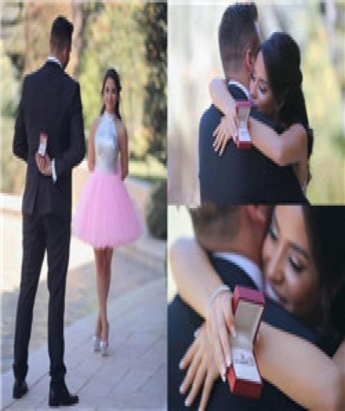 

2018 pink short homecoming dress high neck halter sequins silver puffy skirt cocktail party dresses arabic indian prom dresses cus9794541, Blue;pink