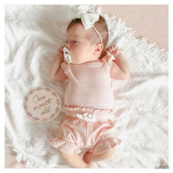 

clothing sets 3pcs infant baby girls boys clothes sets 0-18m solid ribbed ruffles fly sleeve romper +shorts clothing r230815, White