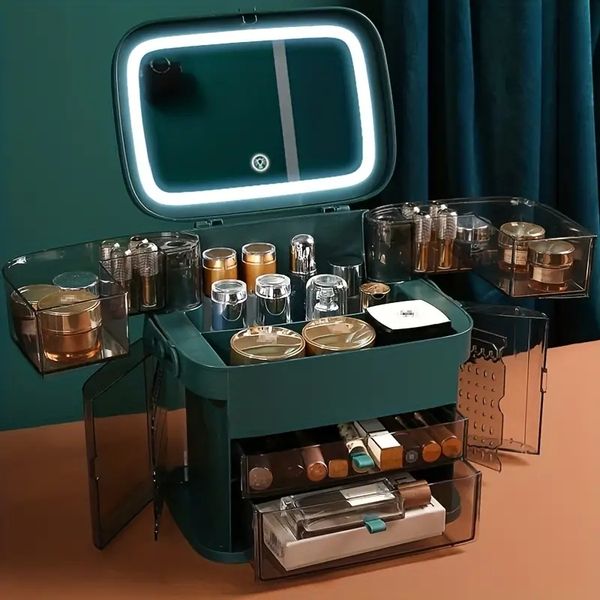 

1pc cosmetics jewelry storage box, dustproof skin care products large capacity deskmakeup organizer with mirror