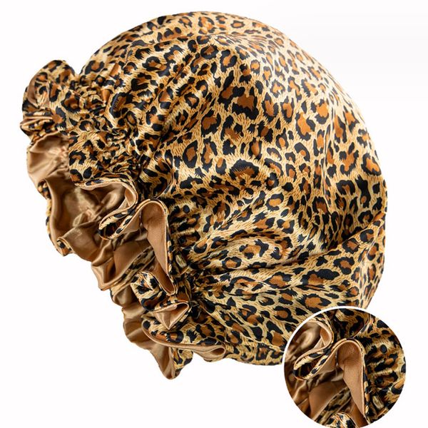 

handmade double layer leopard print satin night hat for women girl elastic sleep caps beauty bonnet hair care accessories, Blue;gray