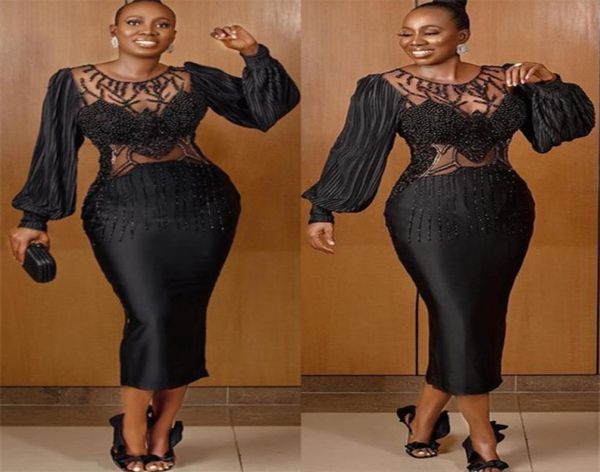 

2021 plus size arabic aso ebi black luxurious prom dresses beaded sheer neck tea length evening formal party second reception9900119