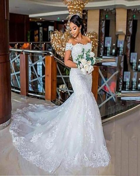 

2021 off shoulder african mermaid wedding dresses lace appliques beaded plus size vestidos de novia court train bridal gowns custo6231616, White