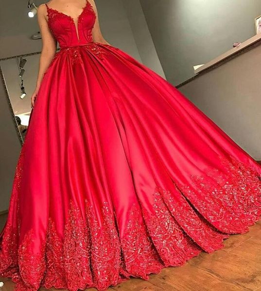

2018 red ball gown evening dresses with spaghetti v neck court train lace appliques beadeds sequins plus size party prom gown8397000, Black;red
