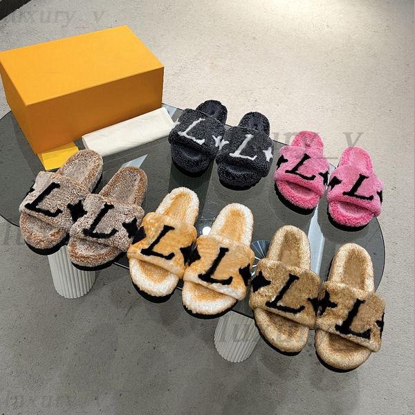 

paseo flat comfort mules designer fur slippers women wool slides furry fluffy scuffs soft letter warm flip flops winter indoor sandals, Black