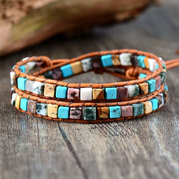 

charm bracelets women leather bracelets high end mix natural stones 2 strands wrap bracelets vintage weaving bead bracelet drop 230814, Golden;silver