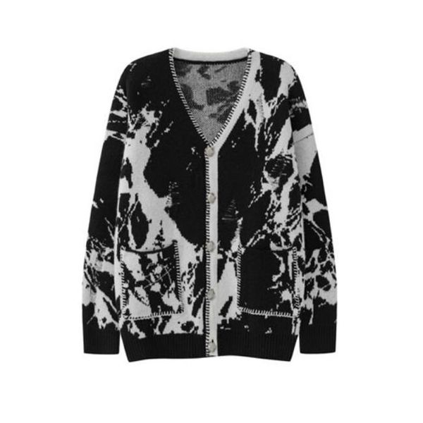 

hip hop hole cardigan sweater knitted pattern button coat streetwear 2023 fashion loose thick sweater