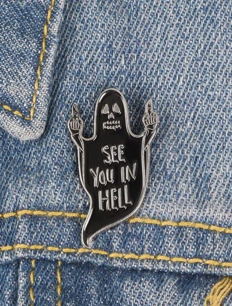 

punk ghost lapel enamel pin see you in hell black skull brooch vertical middle finger badge empty eyes jewelry gaze from the abyss2160694, Gray