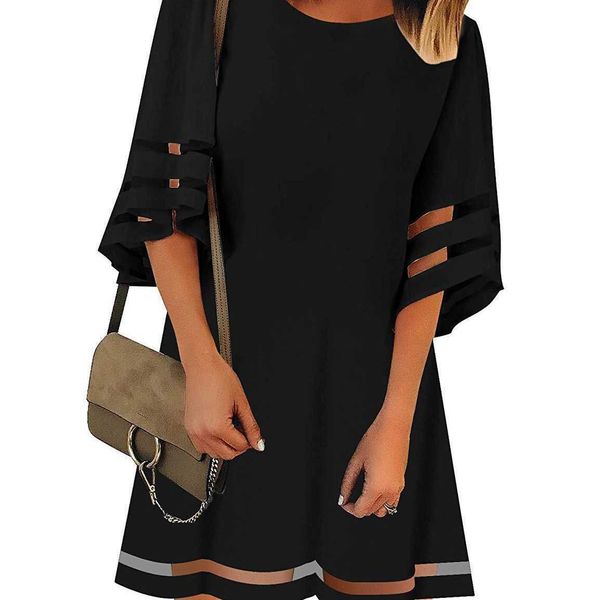 

2023 new women's flare sleeve yarn mesh spliced a-line dress, Black