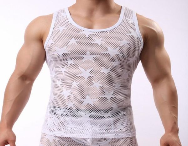 

men039s tank sets man fashion gay home underwear sets mesh perspective vest star mesh breathable tank long boxer8301261, White;black