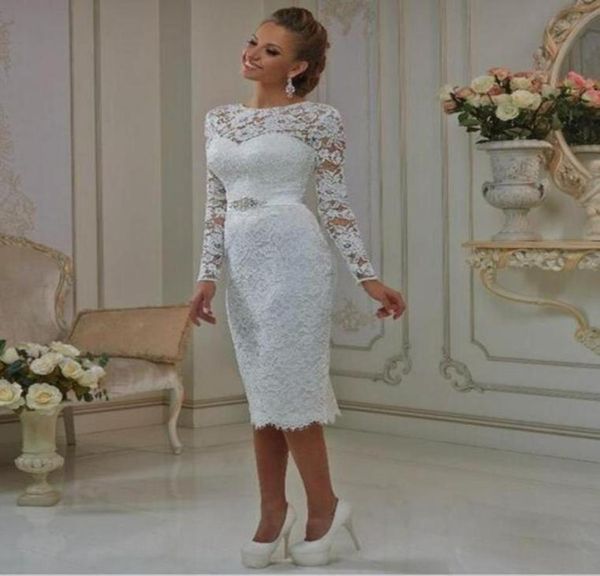 

new long sleeve vintage tea length lace wedding dresses s beaded sash sheath short bridal gowns vestido de noiva custom ma53566583238025, White
